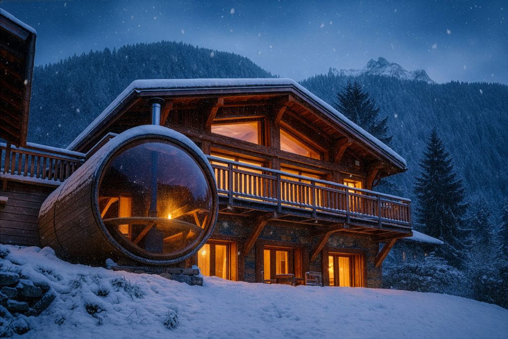 Eco lodge ski chalet at night in snow with warm lighting in Chamonix